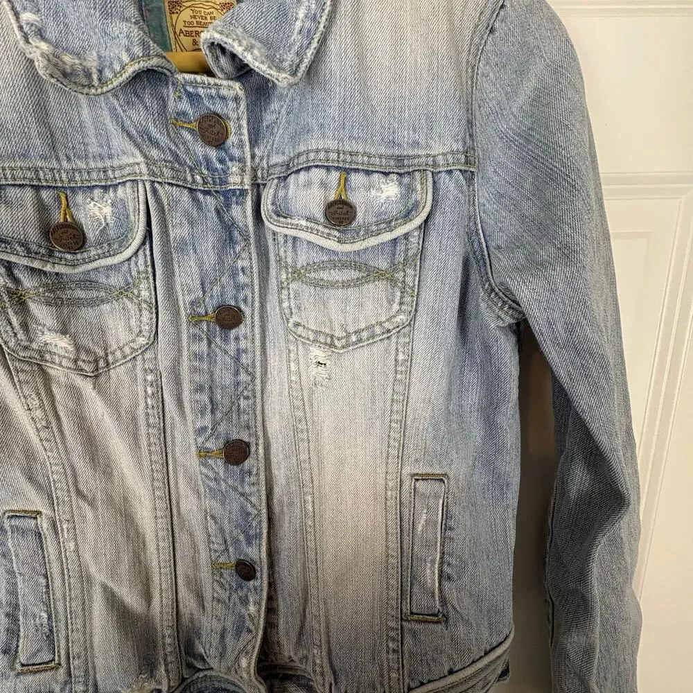 Abercrombie & Fitch Denim Jacket Distressed Vintage Y2K Light Wash Women's L - Picture 5 of 10